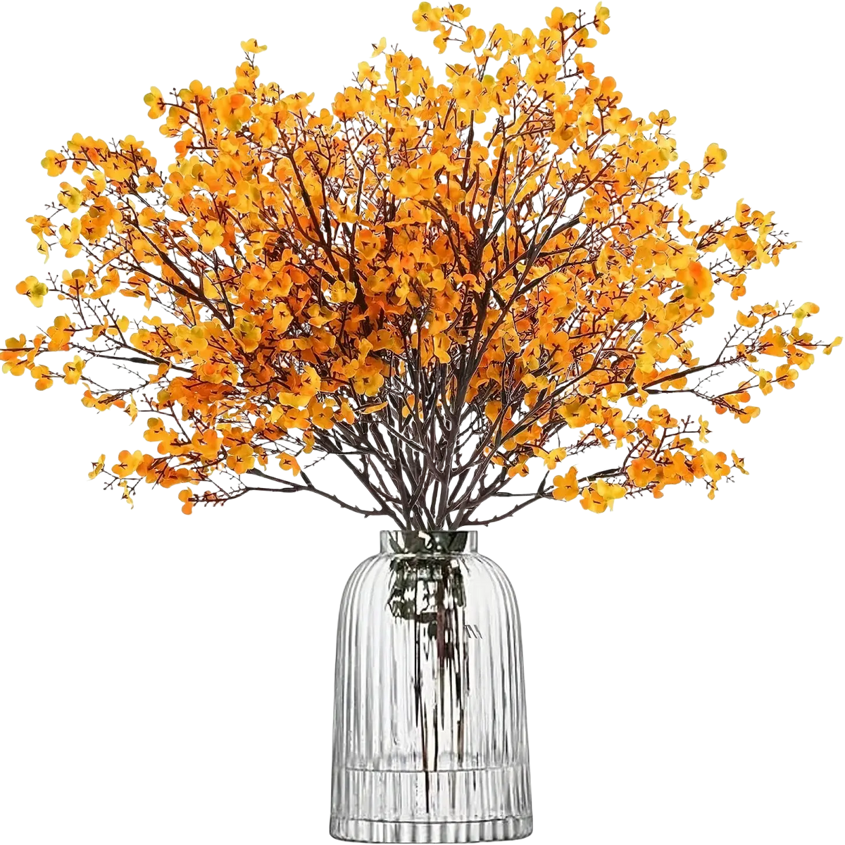 A clear ribbed glass vase holding artificial flowers cherry blossoms with vibrant orange petals and dark brown stems