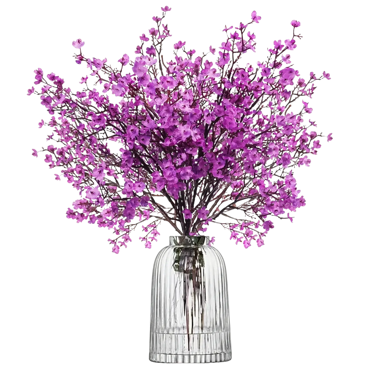 A clear ribbed glass vase holding a lush arrangement of artificial flowers cherry blossoms pink bouquet