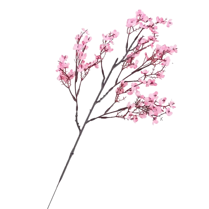 A delicate artificial flowers cherry branch with soft pink blossoms and dark brown stems in a bouquet arrangement