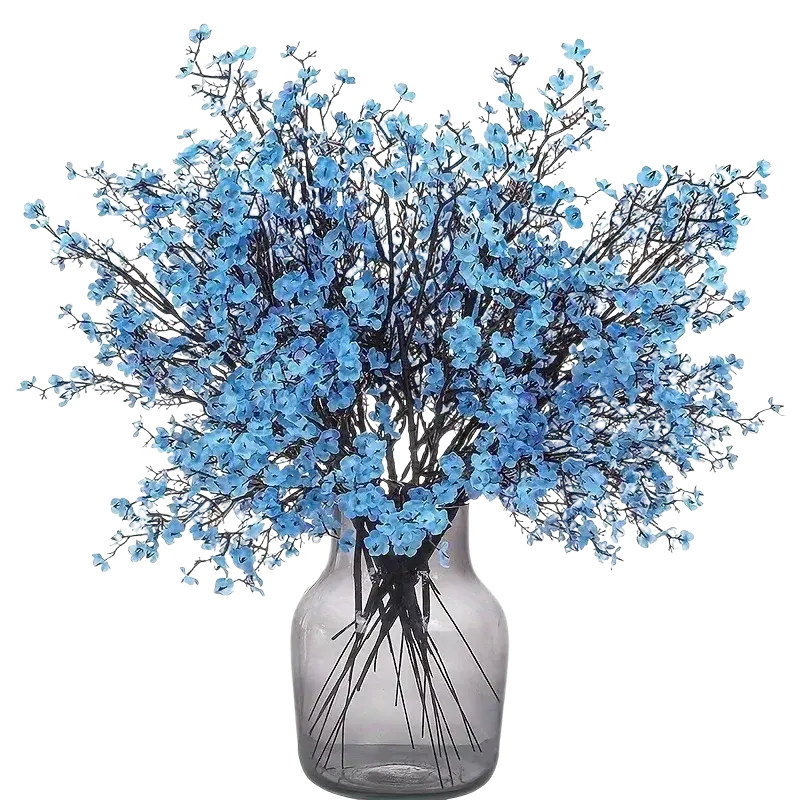 A bouquet of delicate blue artificial flowers arranged in a clear glass vase for artificial flowers cherry blossoms decor