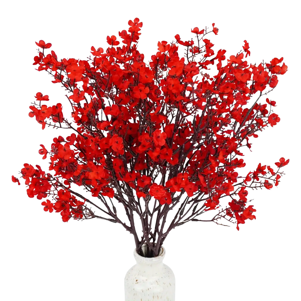 Vase holding vibrant red artificial flowers cherry blossoms with dark brown branches for decorative use