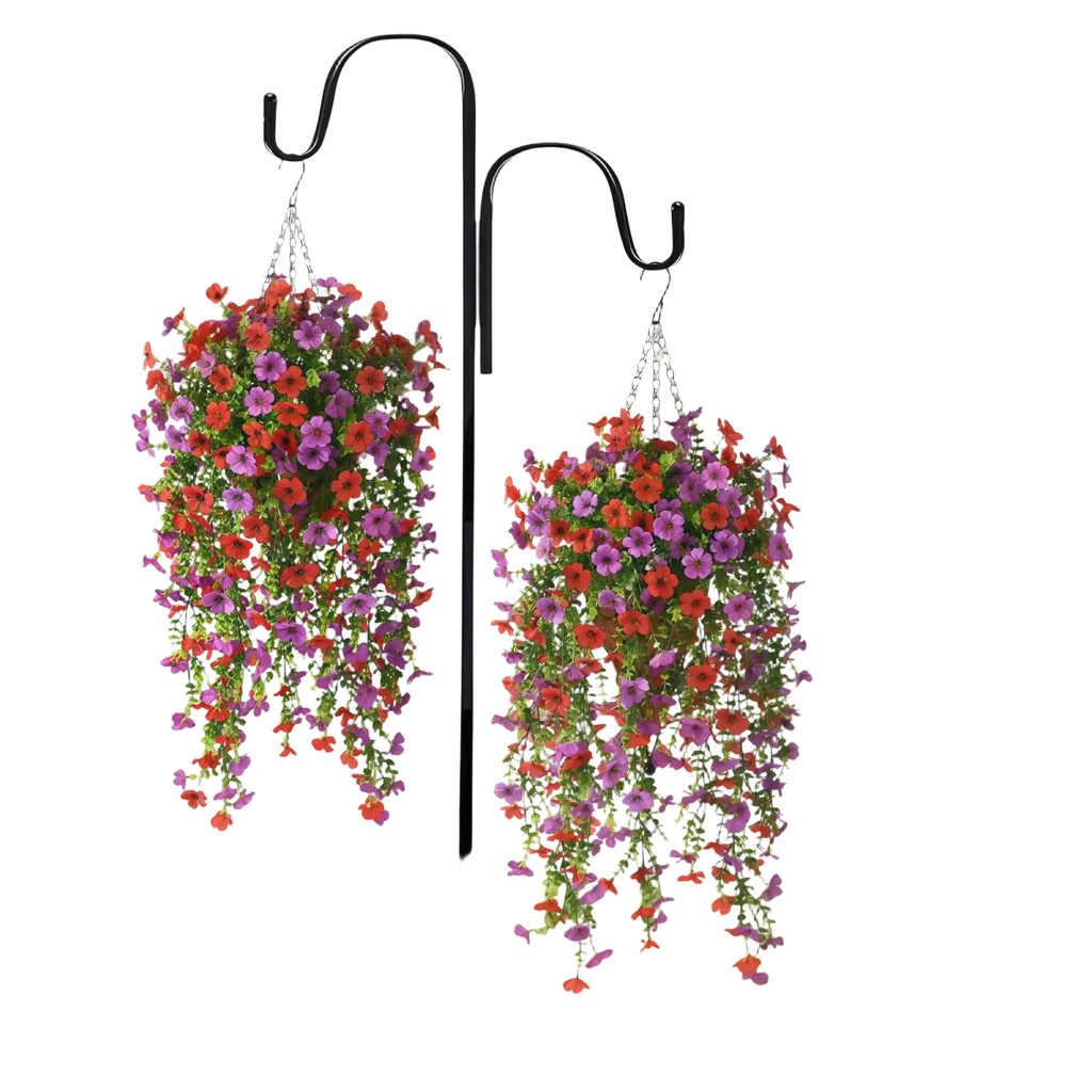Black metal hanging plant stand with two curved hooks holding vibrant red and purple petunia baskets for artificial flowers bouquet display