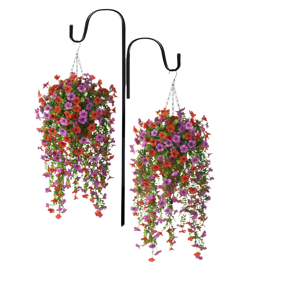 Black metal hanging plant stand with two curved hooks holding vibrant red and purple petunia baskets for artificial flowers bouquet display