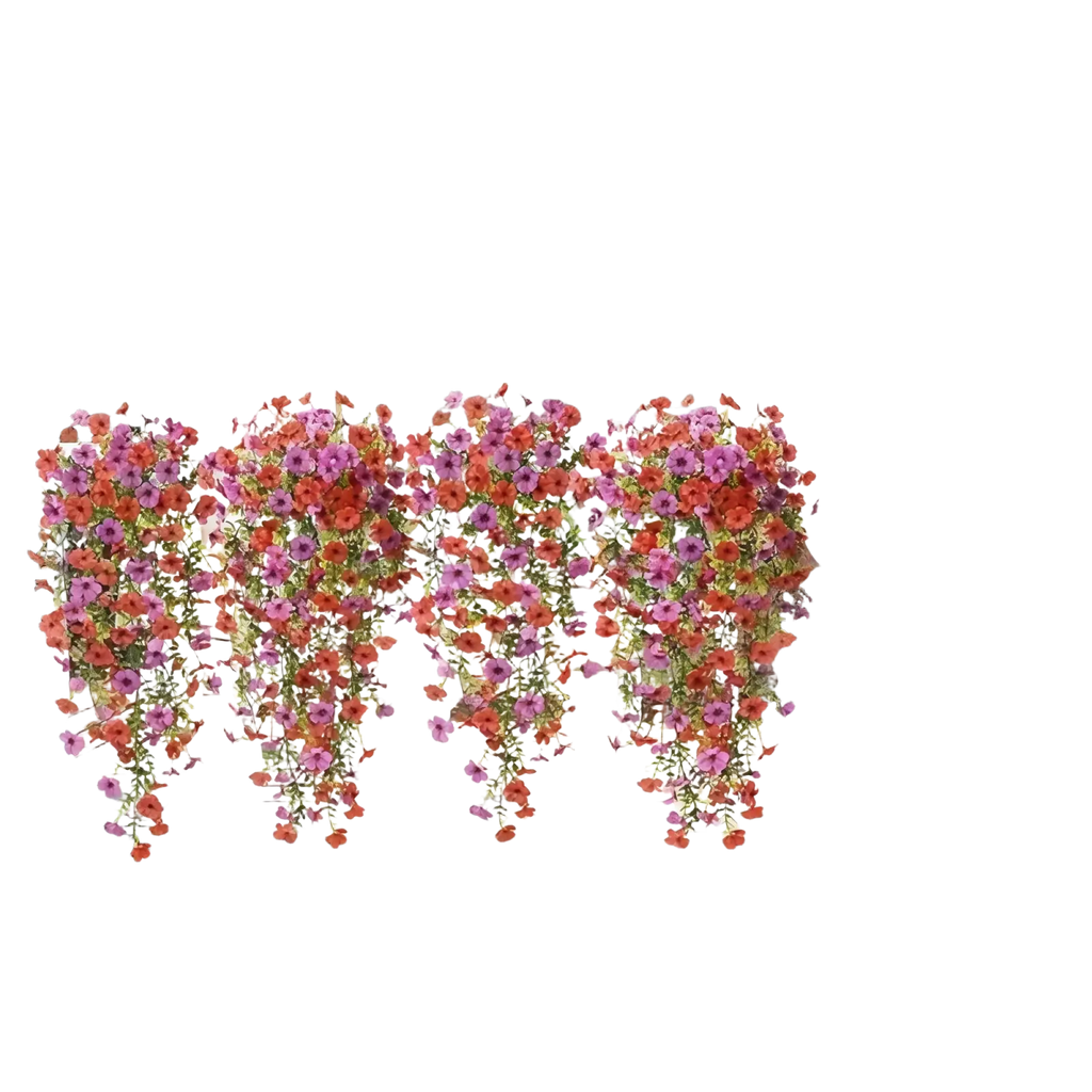 A vibrant cascade of artificial flowers in pink and orange resembling morning glory vines spilling over a white porch railing