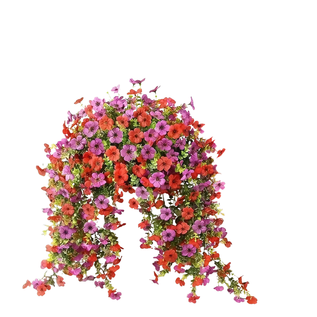 A vibrant hanging planter with artificial flowers featuring cascading pink and orange petunias and morning glory vines
