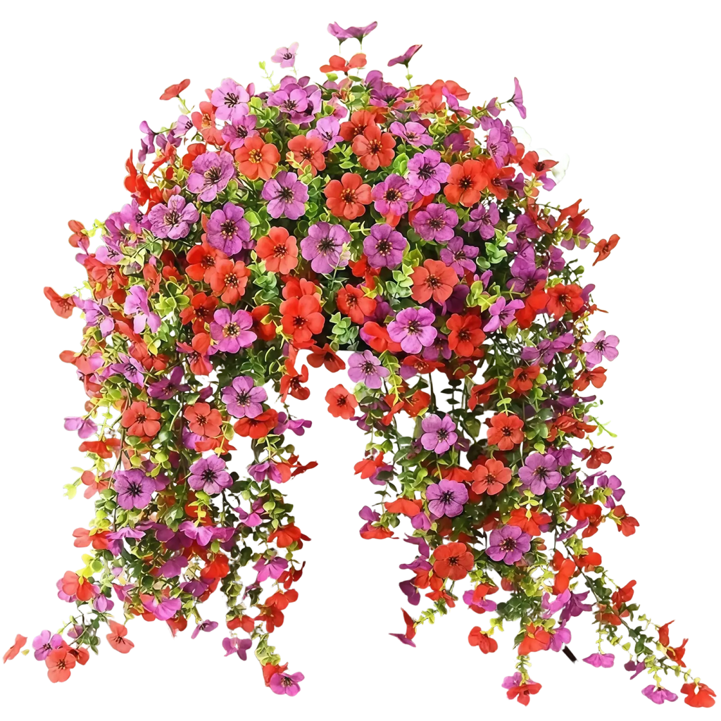 A vibrant artificial flowers bouquet featuring red and purple morning glory vines with eucalyptus leaves in a white pot