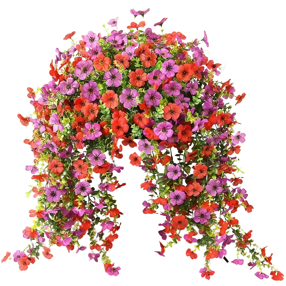 A vibrant artificial flowers bouquet featuring red and purple morning glory vines with eucalyptus leaves in a white pot