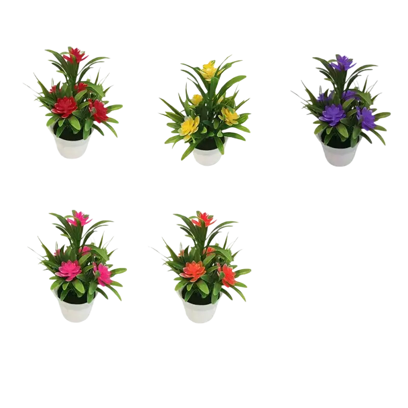 Five artificial flowers potted plants with vibrant synthetic flowers in white ceramic pots for home decor