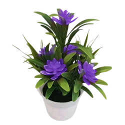 Purple artificial flowers arranged in a white plastic pot for home decor potted plant display