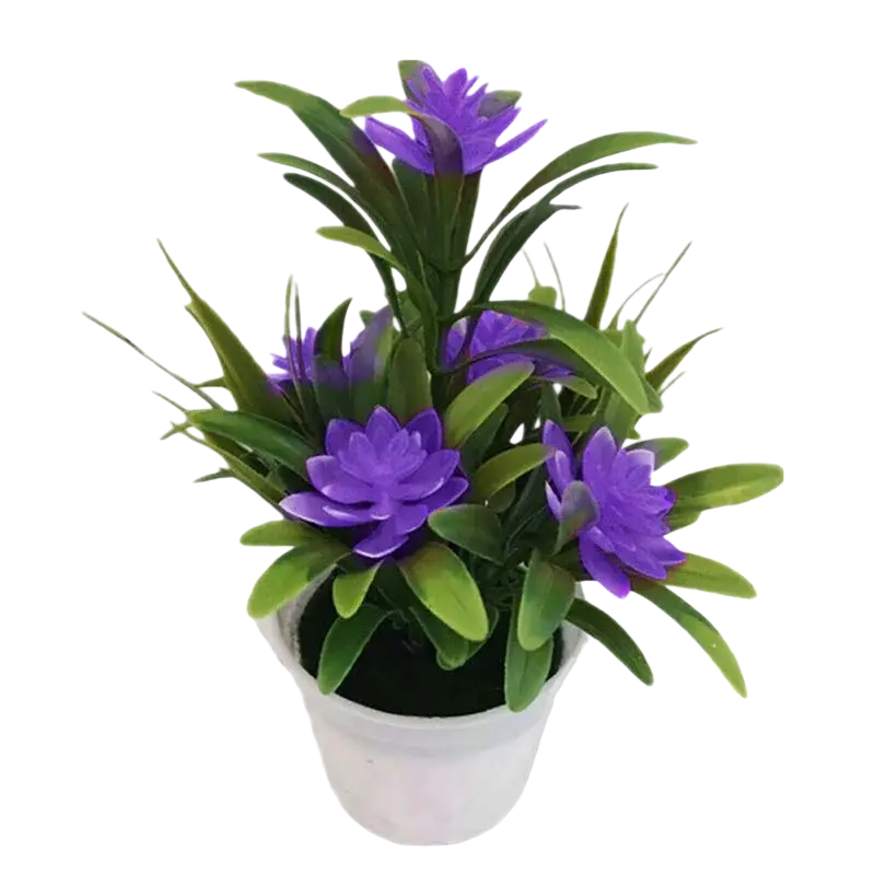 Purple artificial flowers arranged in a white plastic pot for home decor potted plant display