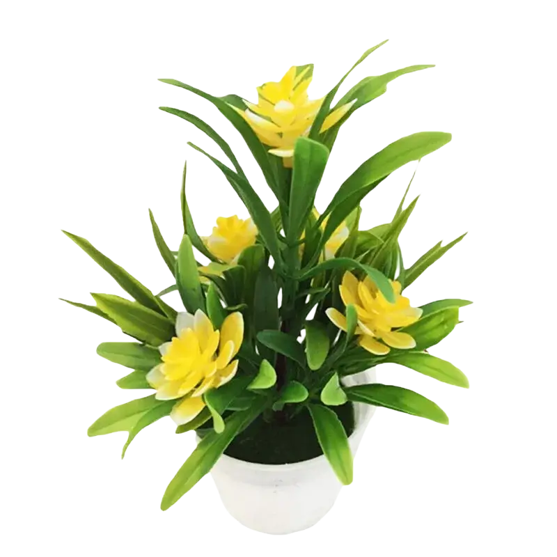 A vibrant artificial flowers potted plant with bright yellow blossoms and green leaves in a white ceramic pot for home decor