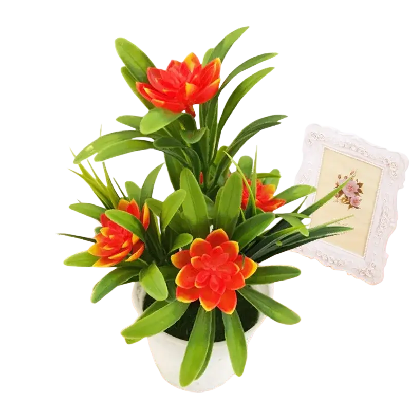 A vibrant artificial flowers potted plant with orange and yellow blooms in a white ceramic pot for home decor