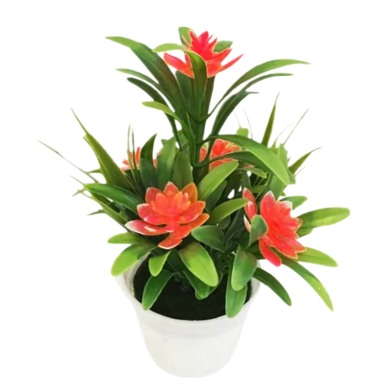 A vibrant artificial flowers potted plant with bright orange-red blooms and green leaves in a white plastic pot for home decor
