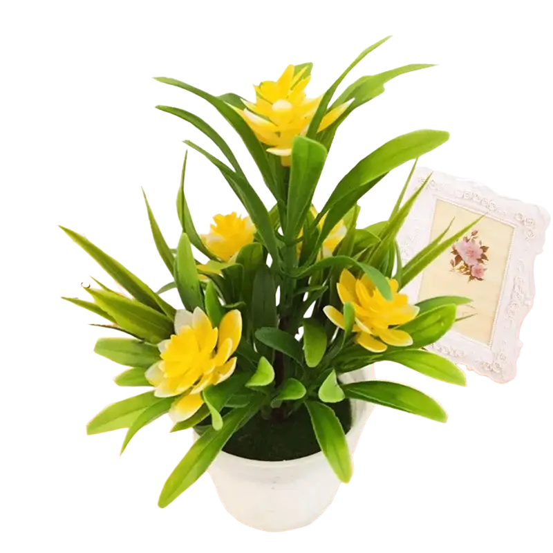 A vibrant artificial flowers potted plant with bright yellow blossoms and green leaves in a white ceramic pot
