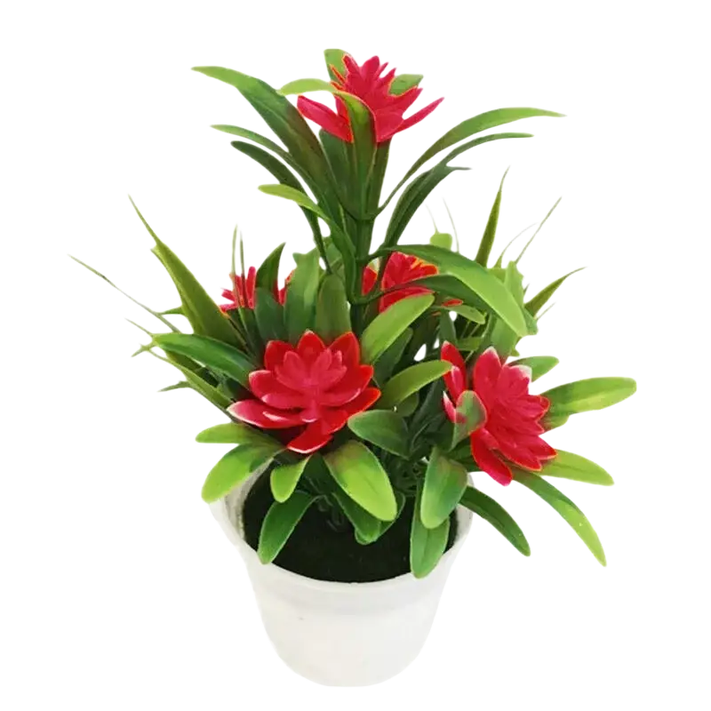 A vibrant red artificial flowers potted plant with lush green leaves in a white ceramic pot for home decor