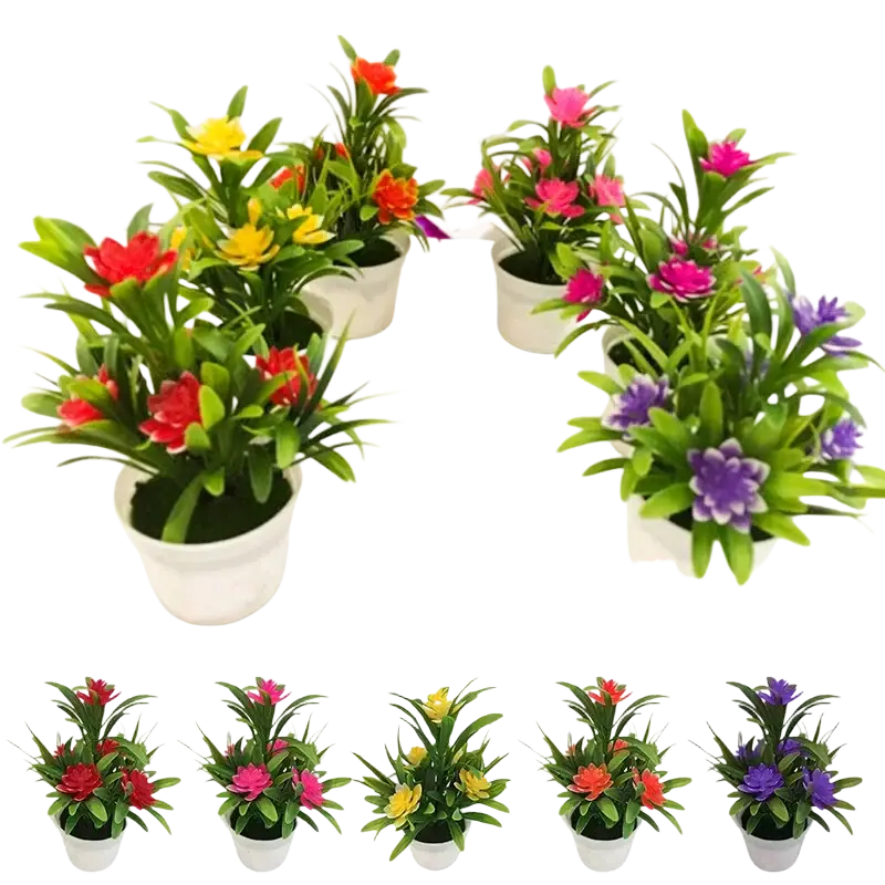 White ceramic pots with artificial flowers in red yellow pink and purple for home decor potted plants