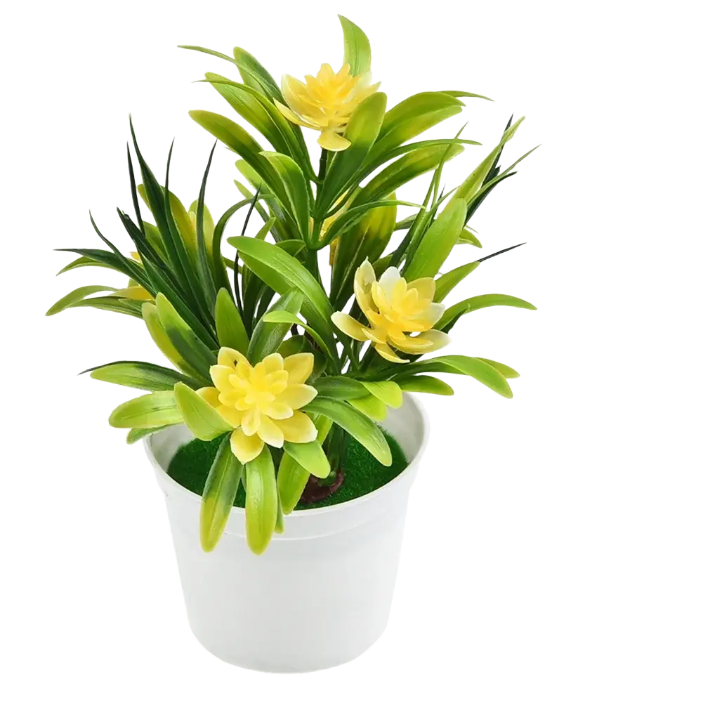 White plastic pot holding artificial flowers with green leaves and yellow blooms for home decor