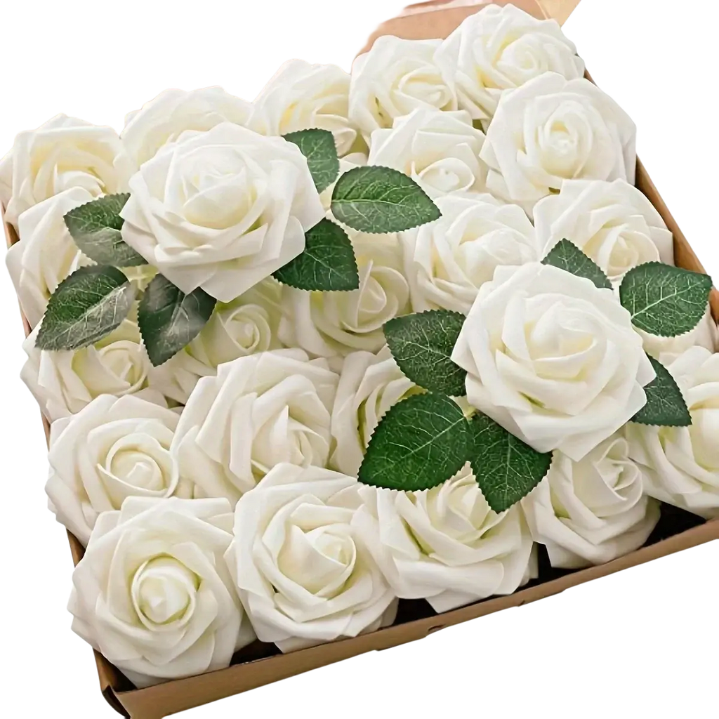 A box of white artificial flowers roses with green leaves and stems for home decor and decoration purposes