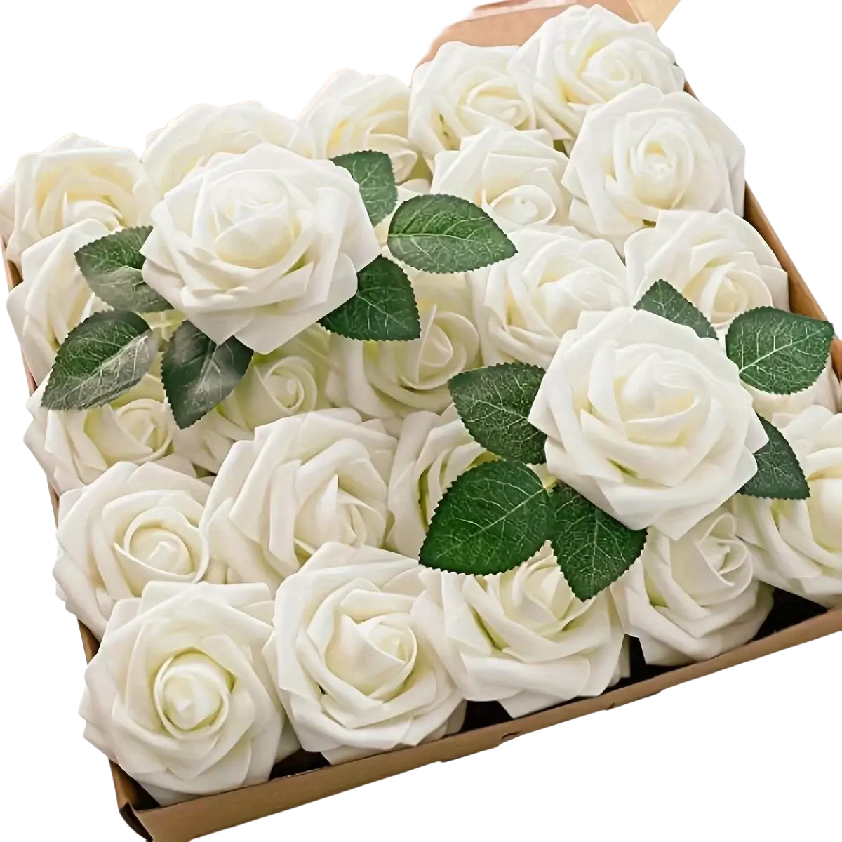 A box of white artificial flowers roses with green leaves and stems for home decor and decoration purposes