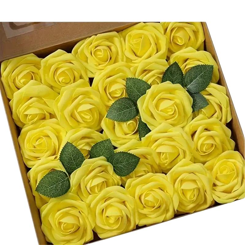 Bright yellow artificial flowers roses with green leaves and stems arranged neatly in a decor box