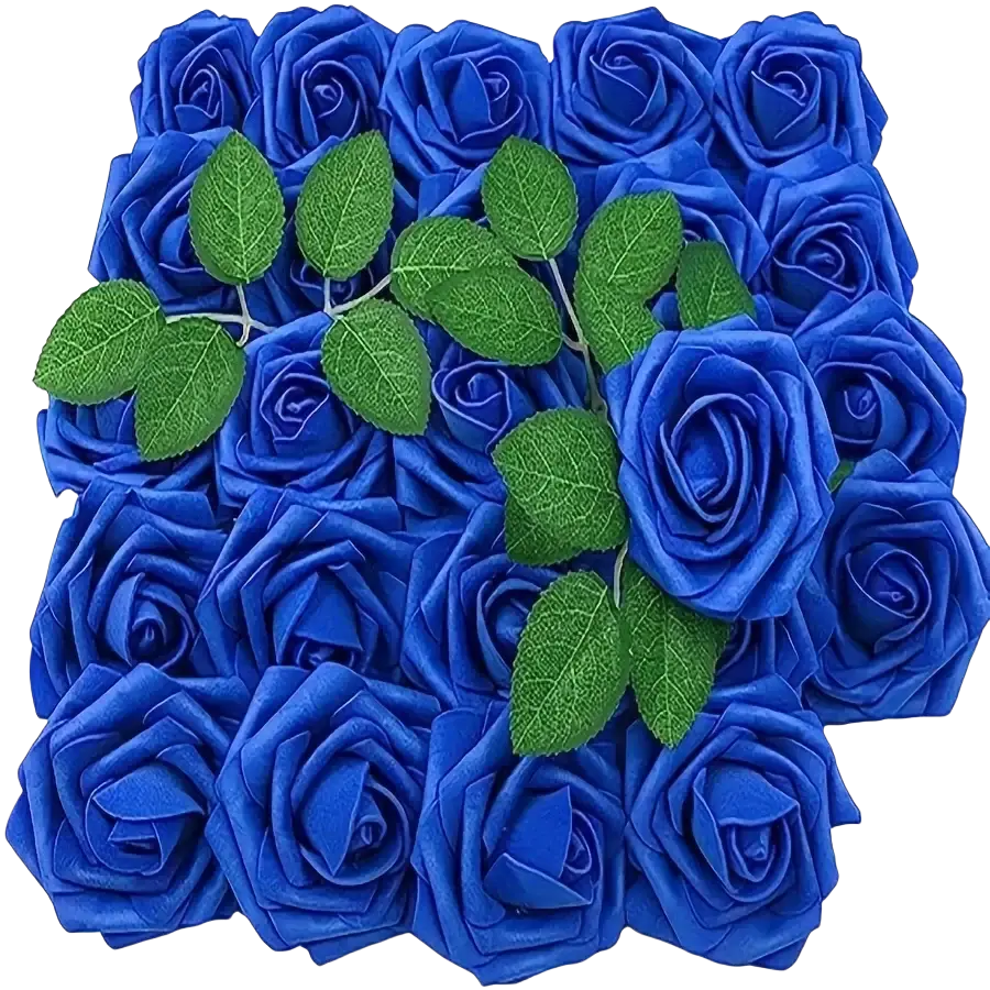 A cluster of vibrant royal blue artificial flowers roses with foam petals and green leaves for decor use