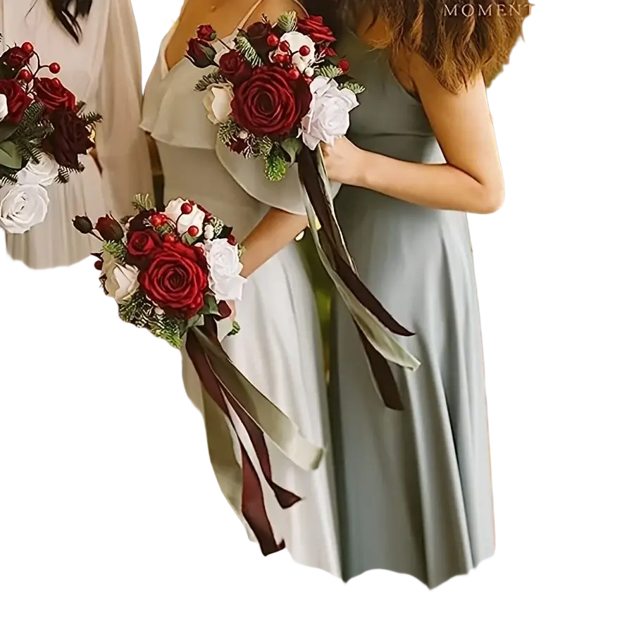 Elegant artificial flowers roses with deep red and white silk petals, greenery, berries, and trailing ribbons for decor