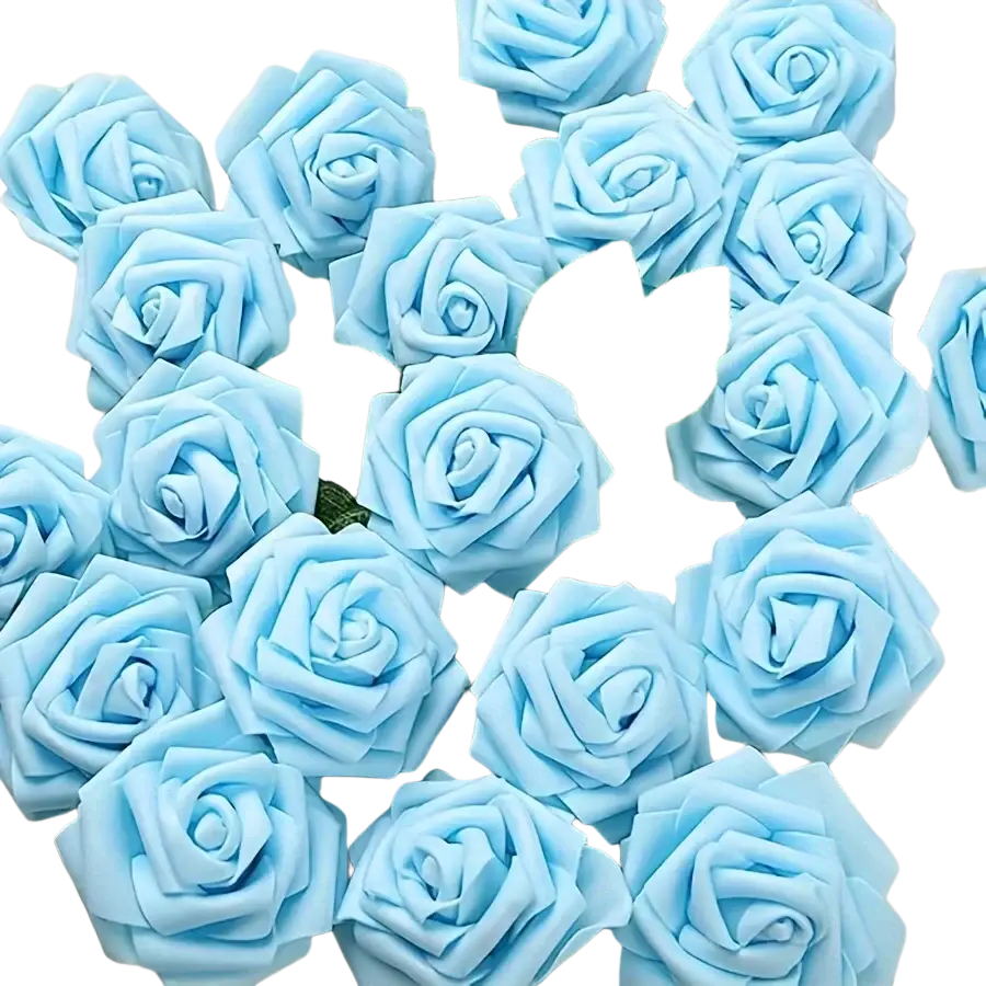 Artificial flowers roses with light blue foam petals and green leaves with stems for home decor