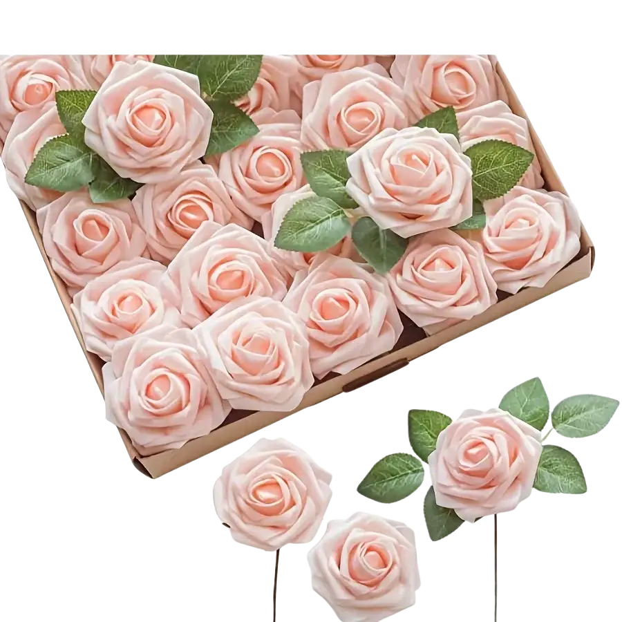 Pink artificial flowers roses with stems made of foam and green leaves packaged in a cardboard box for decor