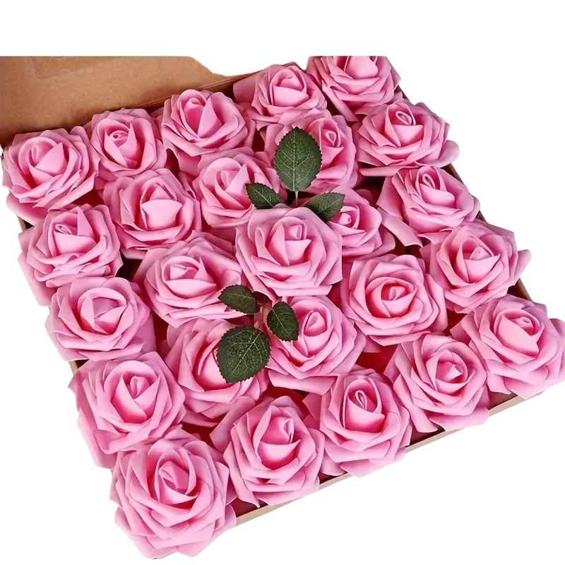 Pink foam artificial flowers roses with green leaves and stems for decor use