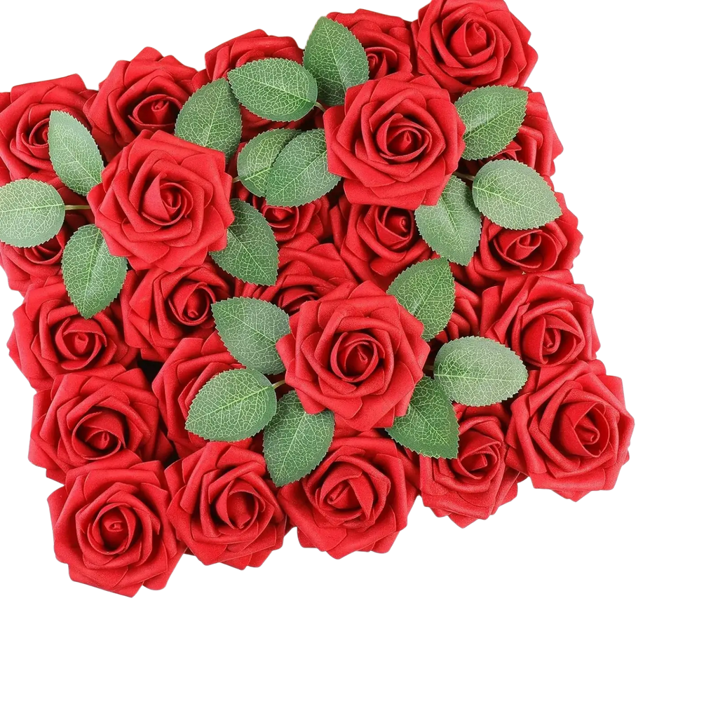A set of 25 vibrant red artificial flowers roses with stems made from soft fabric for decor purposes