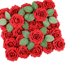 A set of 25 vibrant red artificial flowers roses with stems made from soft fabric for decor purposes
