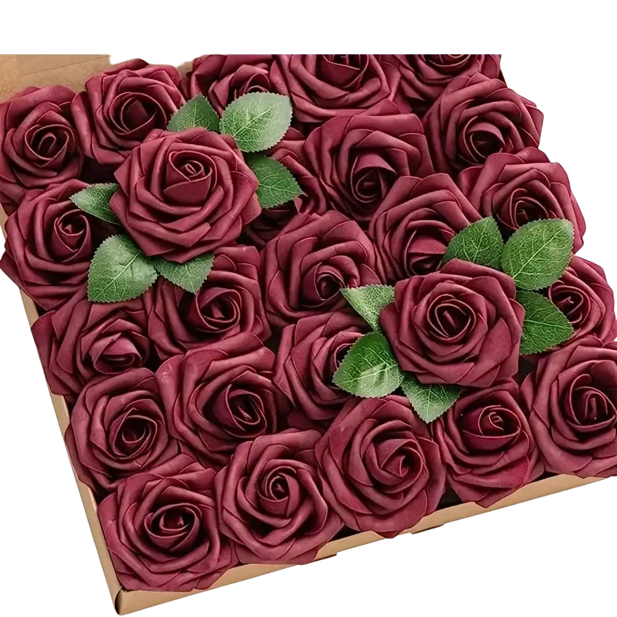 A set of maroon artificial flowers roses with green leaves made from soft fabric for decor with stems