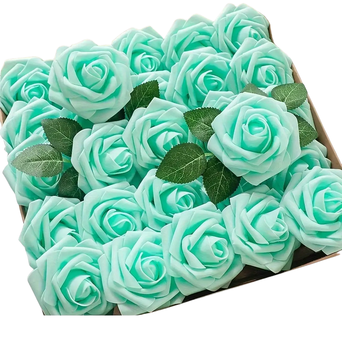 A set of mint green artificial flowers roses with realistic leaves arranged in a decorative box for home decor
