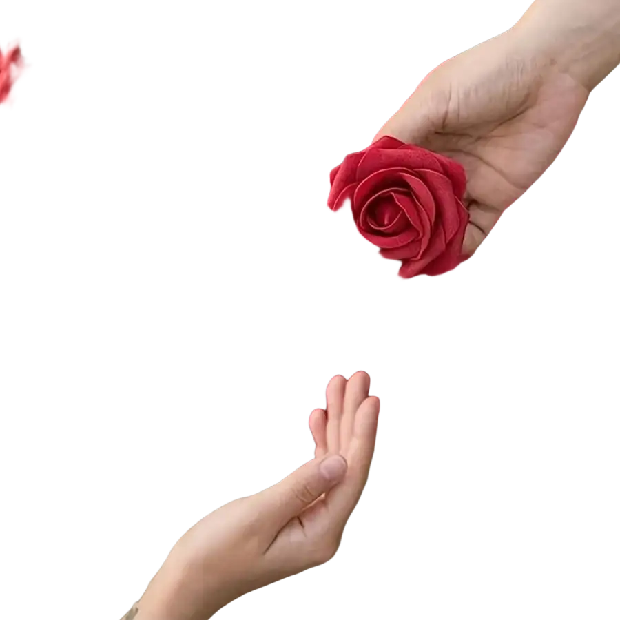 A vibrant red artificial flowers rose soap with intricate layers soft matte finish and attached green leaves for decor