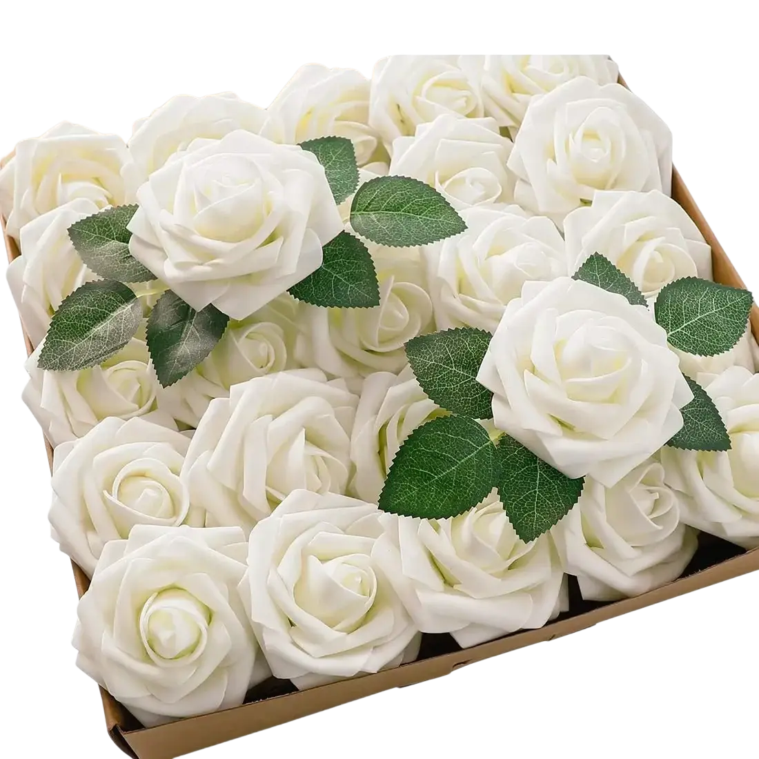 White foam artificial flowers roses with green leaves arranged in a cardboard box for decor use