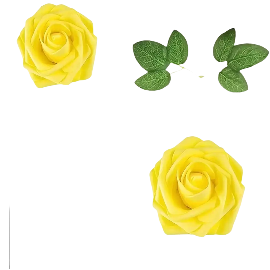 Yellow foam artificial flowers roses with detailed petal layers and green leaf accents for decor with stems