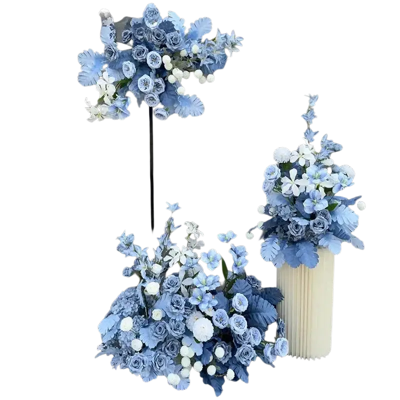 Artificial flowers wedding arch floral backdrop with blue and white flowers in cream ribbed vase and overhead display