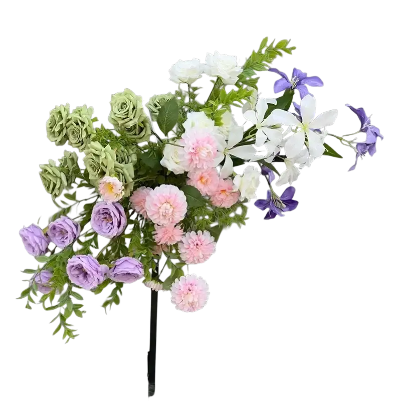 Delicate artificial flowers wedding arch floral backdrop featuring pastel lavender pink white blooms with green foliage