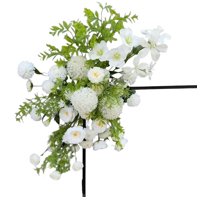 A delicate white artificial flowers wedding arch floral backdrop featuring roses peonies and greenery accents