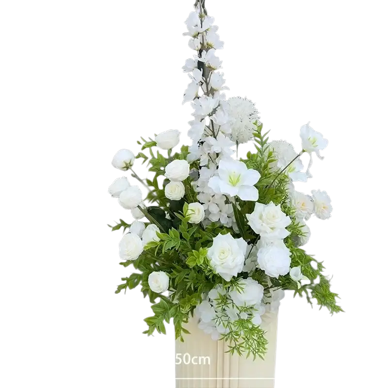 Elegant white artificial flowers wedding arch floral backdrop with roses delphiniums and greenery in cream vase
