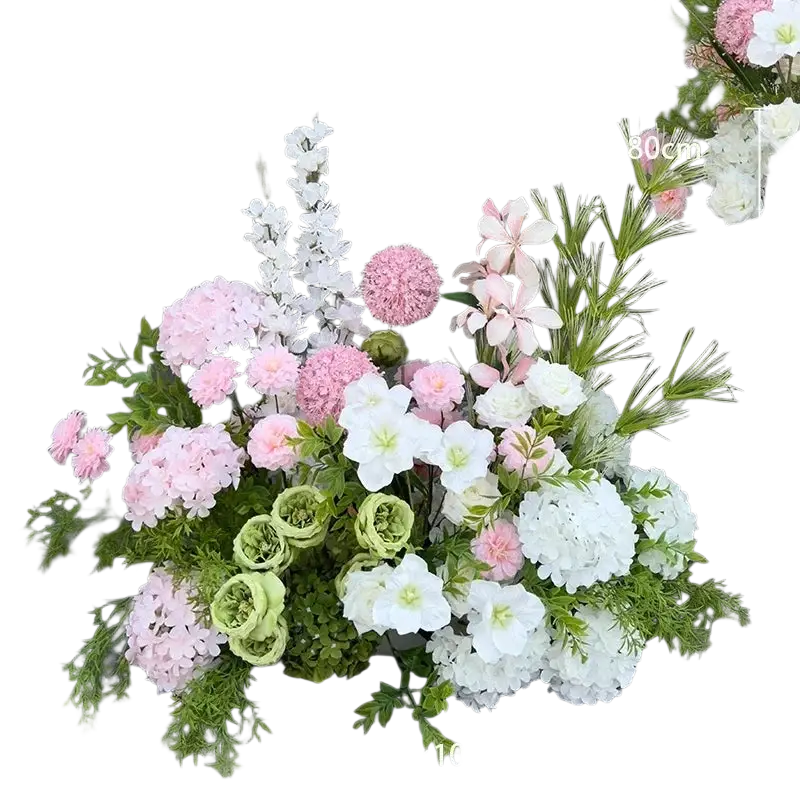Artificial flowers wedding arch floral backdrop with pink and white hydrangeas green roses and pastel spherical blooms