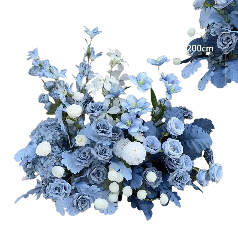 A lush artificial flowers wedding arch floral backdrop featuring blue and white roses and hydrangeas with realistic petals