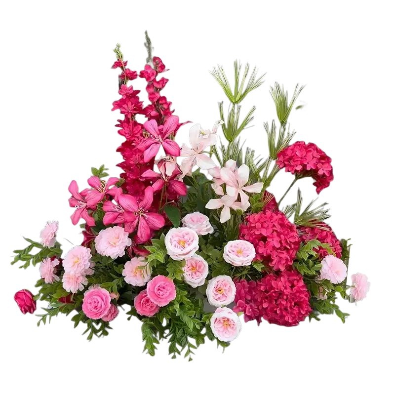 Vibrant artificial flowers wedding arch floral backdrop featuring pink and magenta roses hydrangeas and lilies with green foliage