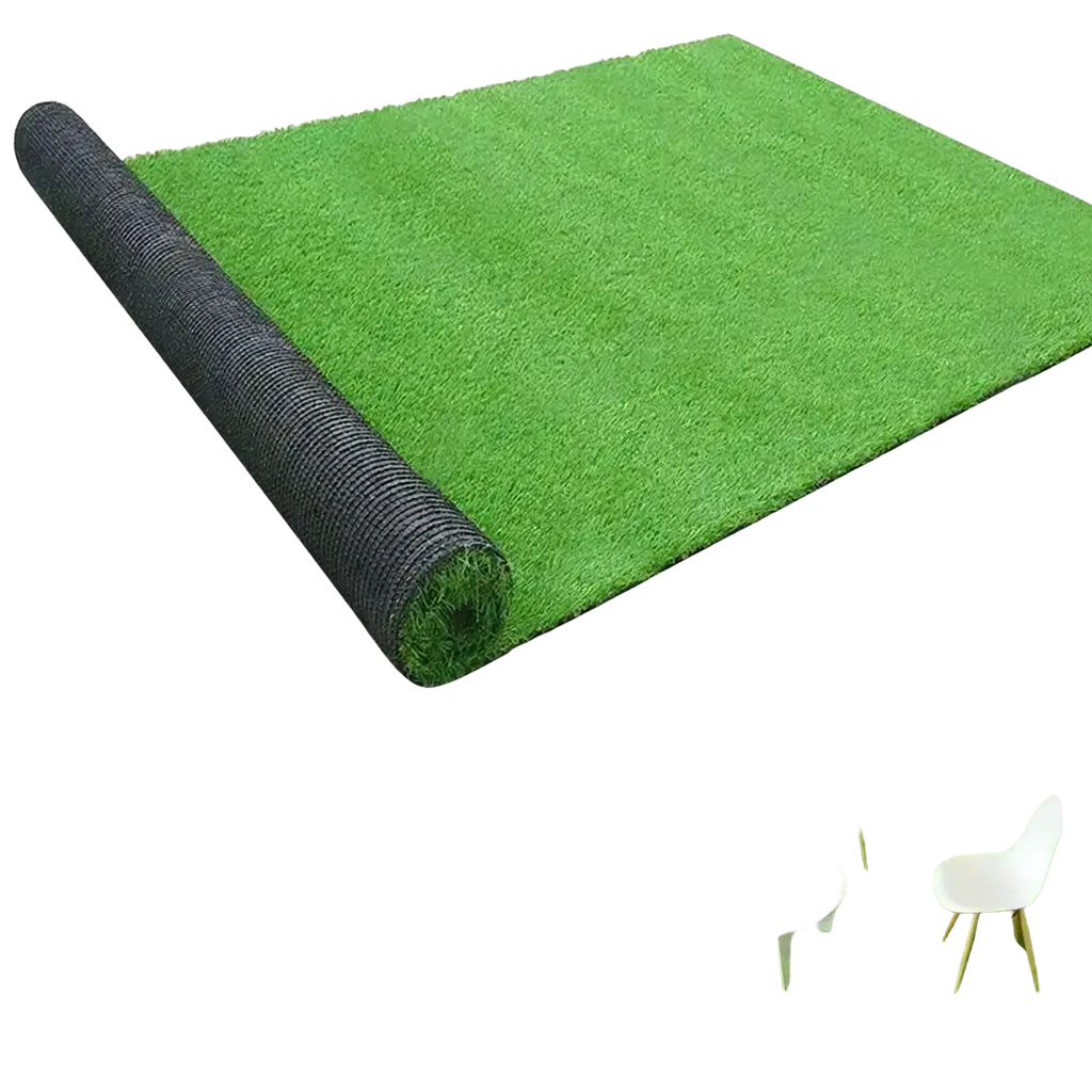 Artificial grass mat indoor outdoor green turf carpet with synthetic fibers and black backing shown from the back side