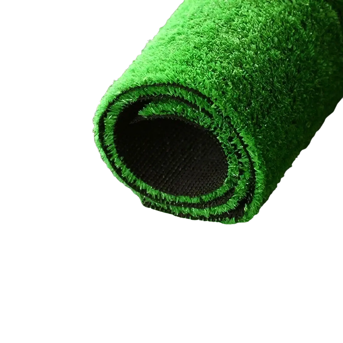 Artificial grass mat indoor outdoor green turf carpet rolled up showing bright green synthetic fibers and black backing