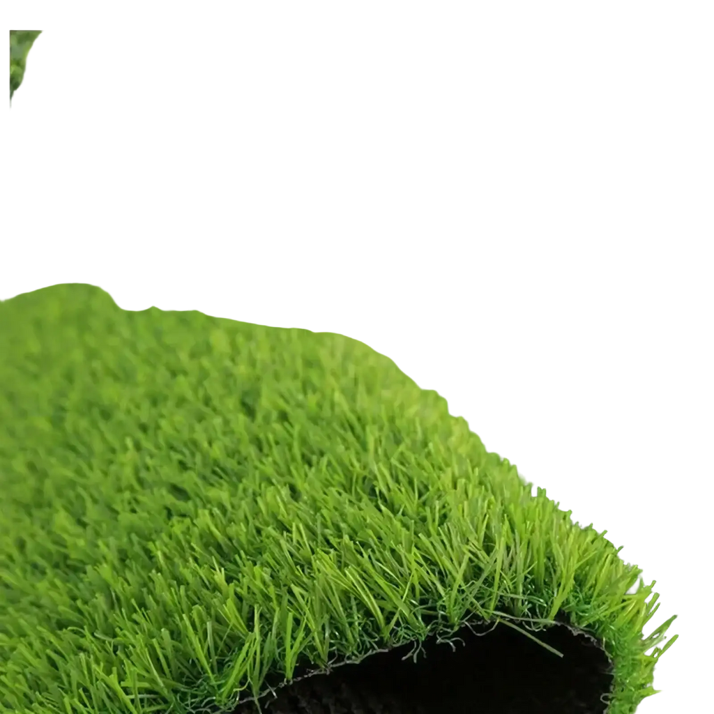 Vibrant green artificial grass mat with dense synthetic blades and black backing for indoor outdoor use