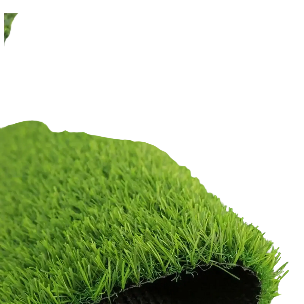 Vibrant green artificial grass mat with dense synthetic blades and black backing for indoor outdoor use