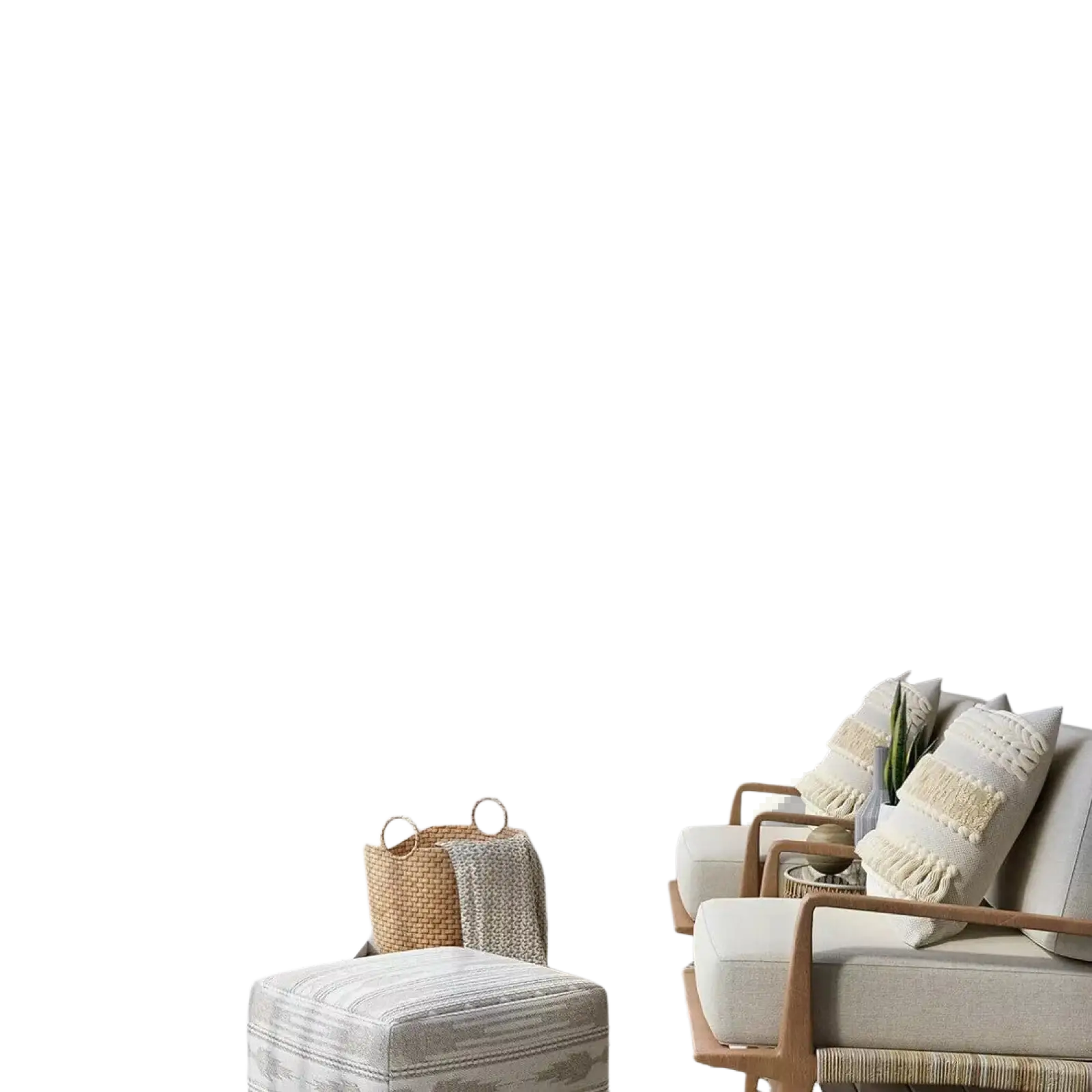 Beige upholstered armchair with wooden frame and textured throw pillows next to artificial hanging plants 3 pack fake trailing greenery