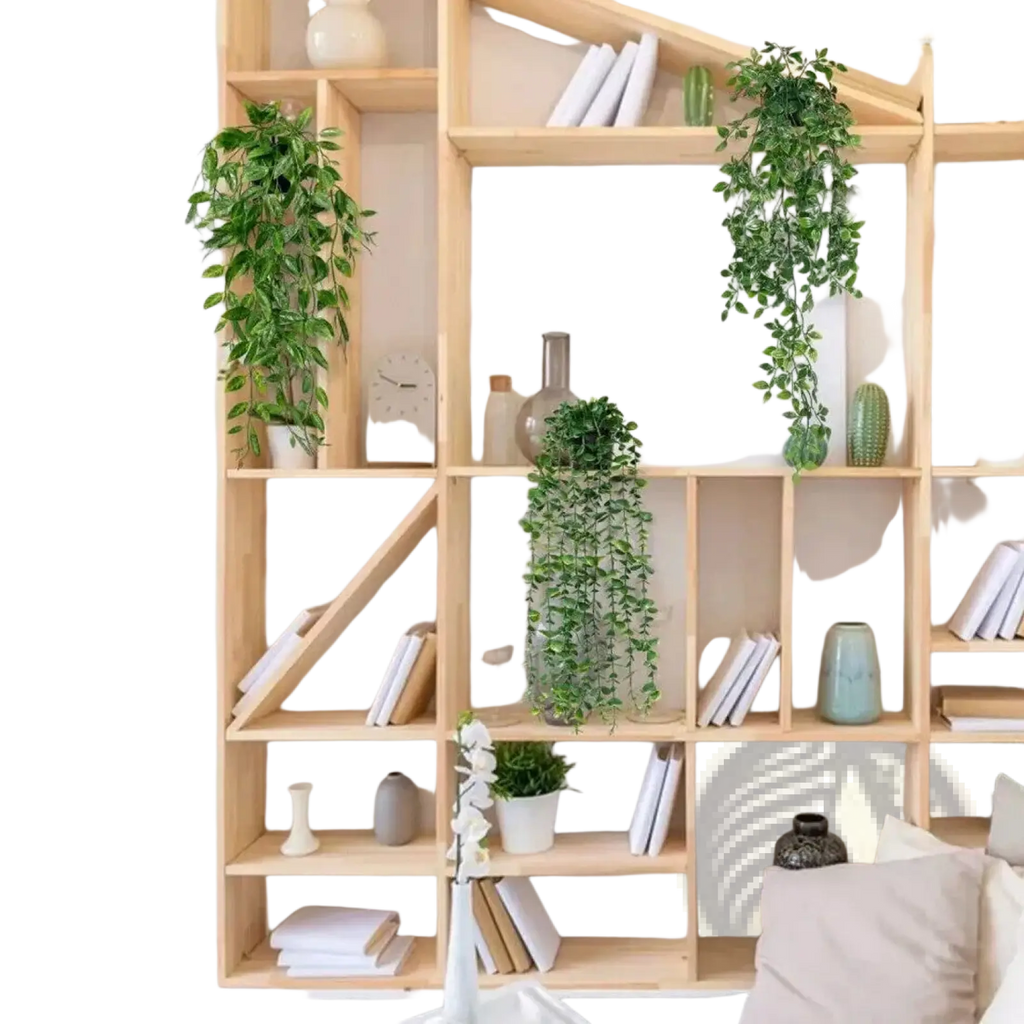 Light wood geometric bookshelf with multiple shelves displaying artificial hanging plants 3 pack fake trailing greenery in pots and vases