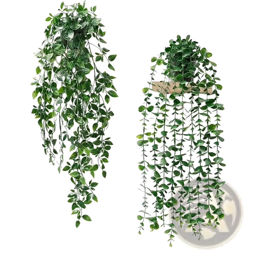 Two artificial hanging plants with realistic green ivy leaves and trailing vines in a 3 pack fake greenery set